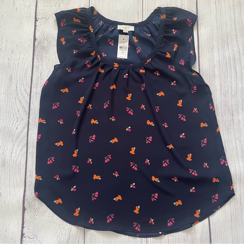 LOFT Navy Floral Print Ruffle Sleeve Top Size